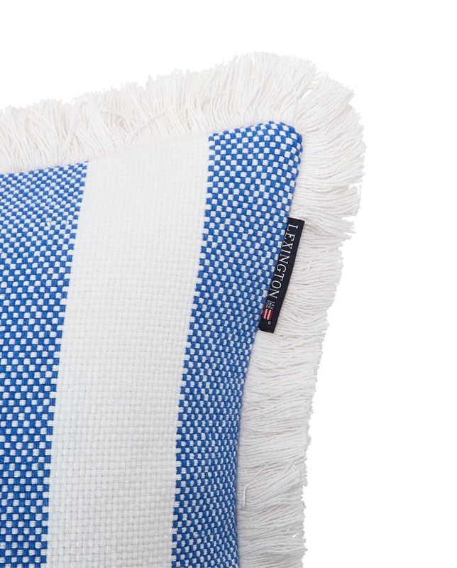Block Striped Organic Cotton Fringe Pillow Cover 50x50 Blue/white
