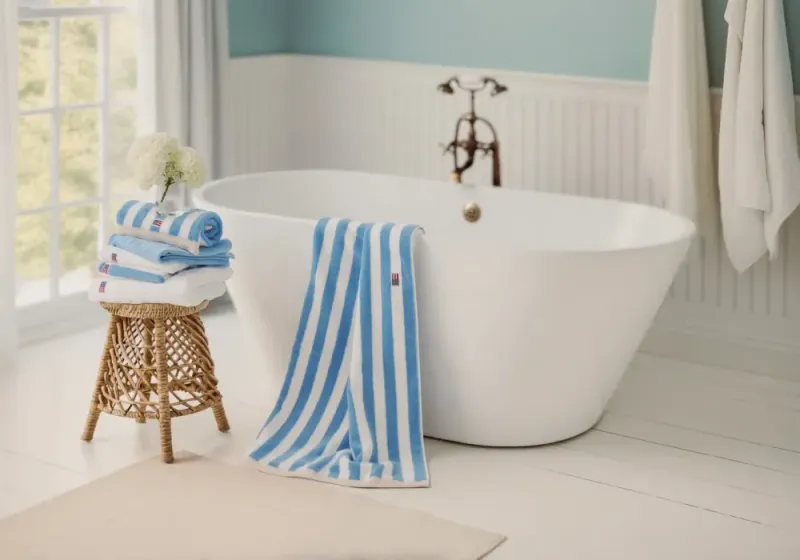 Blokkstripet håndkle, himmelblå/hvit/moonbeam 30x50