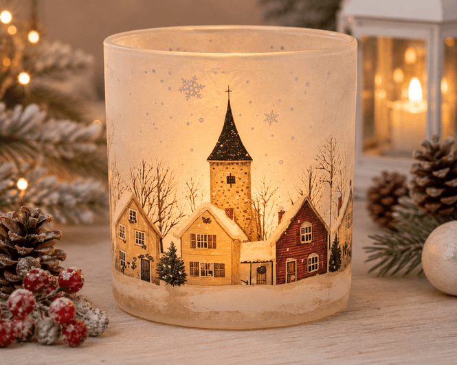 Hovedbilde Lysglass frostet Juleby 8x9cm