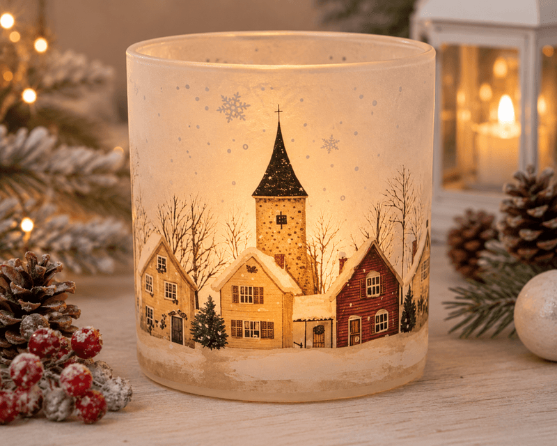Lysglass frostet Juleby 8x9cm